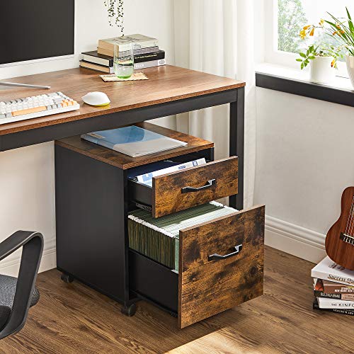 File Cabinet with 2 Drawers, Rolling Office Filing Cabinet with Wheels, for A4, Letter Sized Documents, Hanging File Folders, Industrial, Rustic Brown and Black