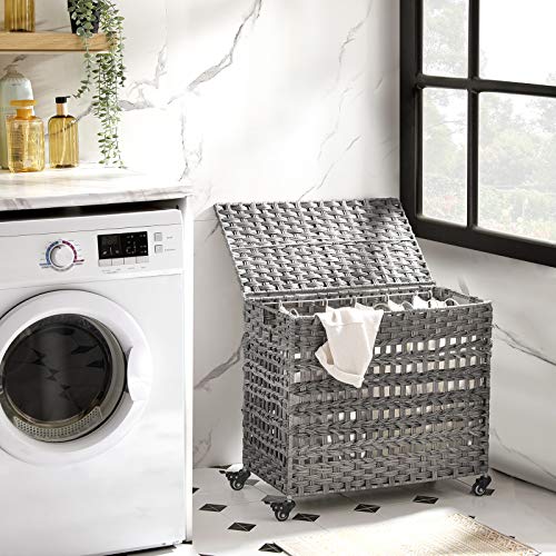 Handwoven Laundry Basket with Lid, Rattan-Style Laundry Hamper with 3 Separate Compartments, Handles, Removable Liner Bags, for Living Room, Bathroom, Laundry Room, Grey