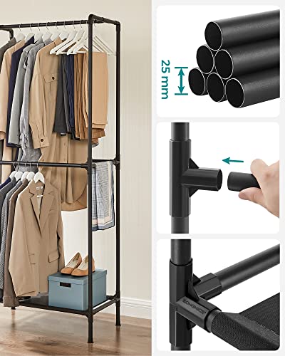 Clothes Rail for Bedroom with 3 Hanging Rails and Fabric Shelf with Metal Frame, 95 x 45 x 202 cm, Black