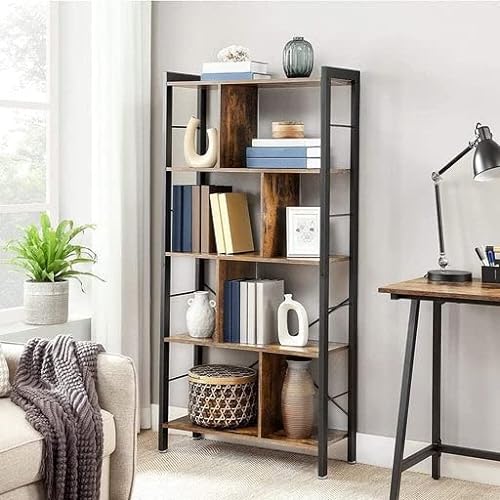 Bookshelf, Living Room Bookcase, Large 4-Tier Storage Shelf, for Office Study, Industrial Style, Easy Assembly, Steel Frame, Rustic Brown and Black