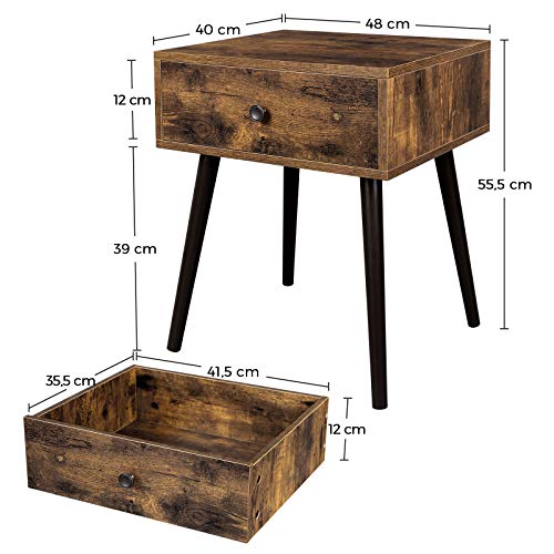 Nightstand, End Table, Sofa Side Table with a Drawer and Tapered Legs, Retro Style, Rustic Brown