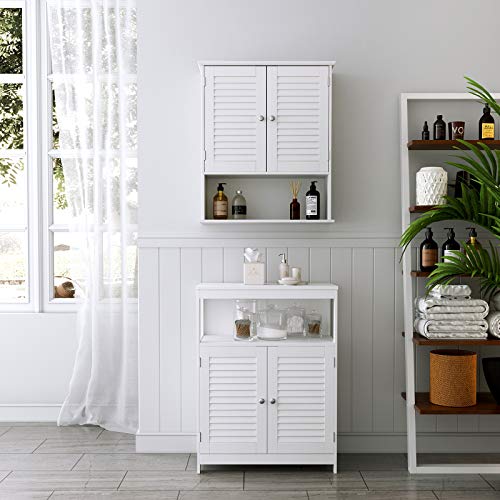 Wall Cabinet, Hanging Bathroom Storage Cabinet, Medicine Cupboard with Adjustable Shelf, Double Shutter Doors and Open Shelf, 60 x 20 x 70 cm, Wooden, White