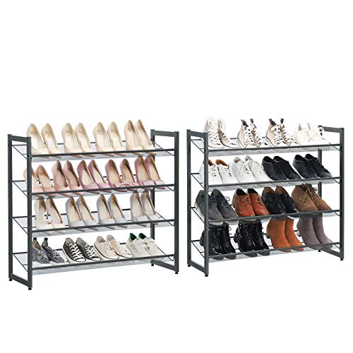 8-Tier Shoe Rack, Set of 2 Stackable 4-Tier Shoe Organisers, Steel Mesh Shoe Shelf Storage, Adjustable Flat or Angled Shelves, Cool Grey