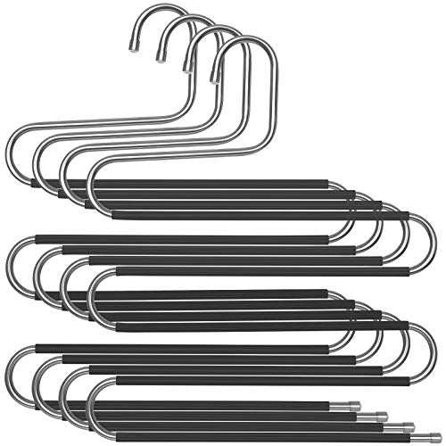 Trousers Hangers, Pack of 4 Space-Saving 5-Tier Metal Pants Hangers, S-Type Non-Slip Hangers for Jeans, Scarves, Towels, Ties, Silver and Black