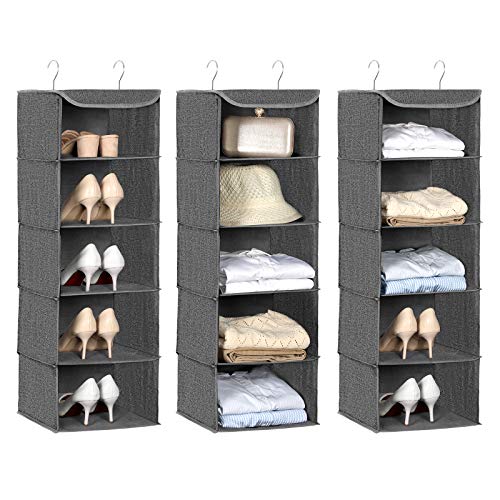 Hanging Storage Shelves, Wardrobe Clothes Organiser, Space Saving and Foldable, Metal Hooks and Bamboo Inserts, Linen Pattern, Grey