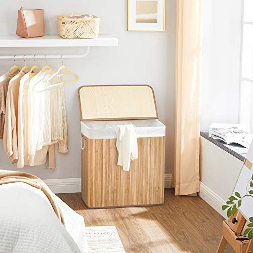 Laundry Hamper Basket with 3 Sections, Clip-on Lid and Handles, 150L Foldable, for Laundry Room, Bedroom, Bathroom, Natural