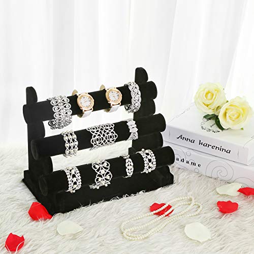 3-Bar Velvet Bracelet Holder for Watch, Necklace, Jewelry Display Rack and Tangle Organizer Stand Black