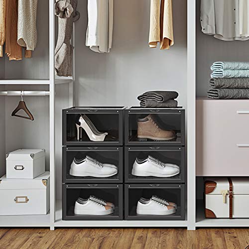 Shoe Boxes, Pack of 6 Stackable Shoe Organisers with Clear Door, Plastic Shoe Storage for UK Size 11, 36 x 28 x 22 cm, Black