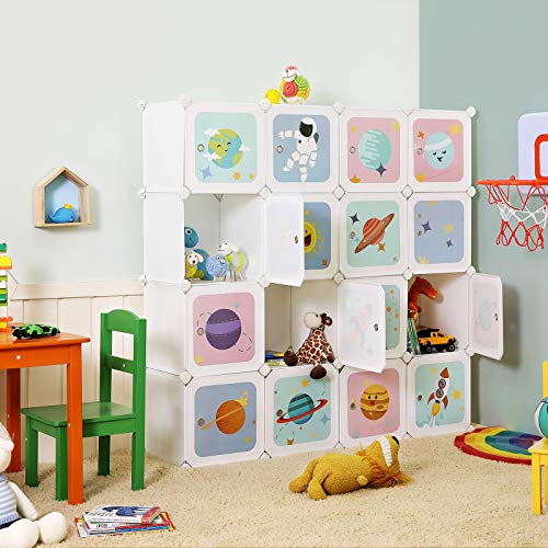 15-Cube Children’s Storage Unit, Interlocking Organiser Cabinet for Kids, Plastic Cube Shelves, Modular Wardrobe with Doors, Clothes Shoes Toys School Bags, 153 x 31 x 153 cm White