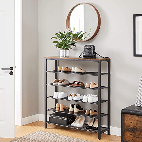 Shoe Rack with 5 Grid Levels and Large Surface for Entrance, Hallway, Metal Industrial Frame Design, Vintage Brown-Black