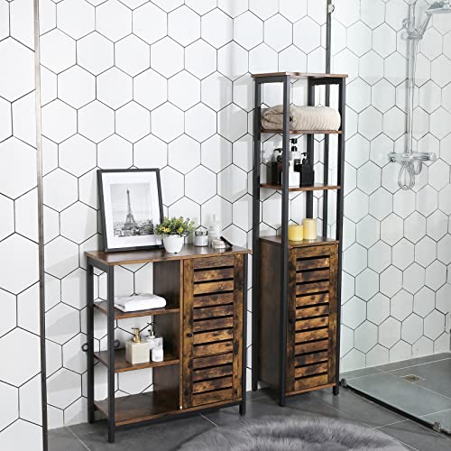 Industrial Floor Standing Shelf, Narrow Bathroom Cabinet with 3 Shelves and Cupboard, Tall, Multipurpose in the Living Room, 37 x 30 x 167 cm, Rustic Brown