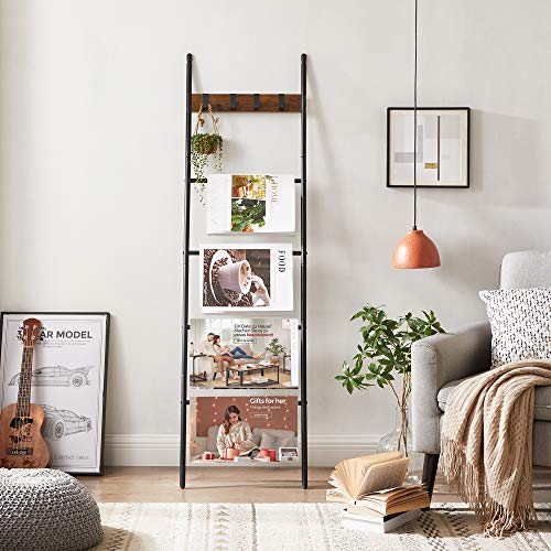 Towel Ladder Shelf with 5 Levels 44 x 160 cm Space Saving Metal Frame 4 Hooks Industrial Style Vintage Brown/Black