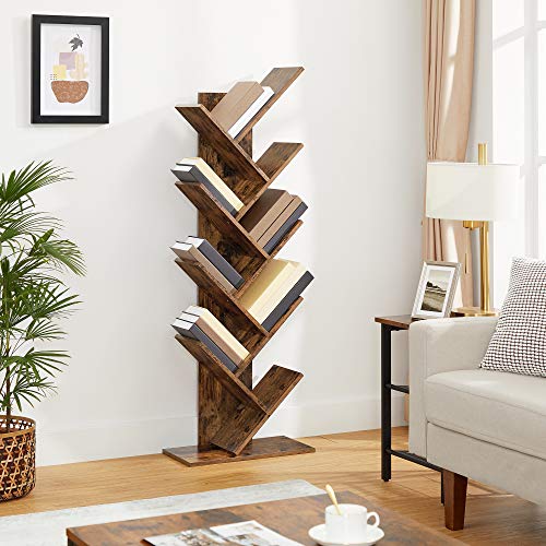 Tree Bookshelf, 8-Tier Floor Standing Bookcase, with Wooden Shelves for Living Room, Home Office, Rustic Brown