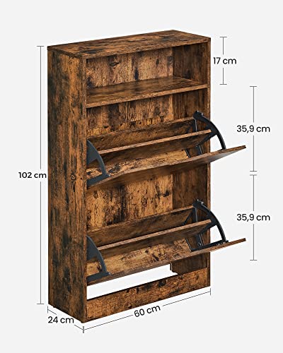 Shoe Cabinet with 2 Flaps, Shoe Rack with an Open Shelf, Melamine Veneer, Easy to Clean, 60 x 24 x 102 cm, Rustic Brown