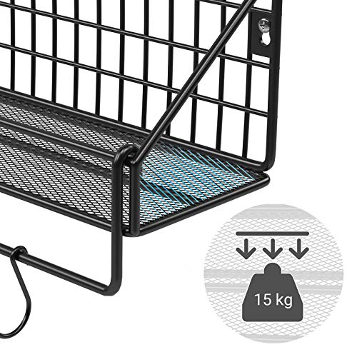 Industrial Metal Wall Shelves, Each Loads up to 15 kg, Pack of 2 Kitchen Shelves with 10 Hooks, for Bedroom Living Room, 30 x 12 x 13 cm, 40 x 12 x 13 cm, Black