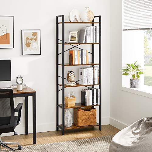 Bookshelf, 6-Tier Shelving Unit with Steel Frame, Tall Rustic Shelves for Living Room, Office, Study, Hallway, Industrial Style, 66 x 30 x 186 cm, Rustic Brown and Black