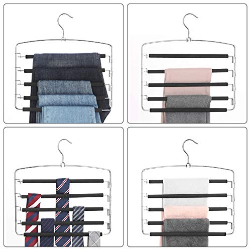 Trousers Hangers, Set of 3 Space-Saving Multi-Bar Metal Pants Hangers, Stable with Non-Slip Padding, Swing Bars for 5 Jeans Each, Suit Pants, Scarves, Ties