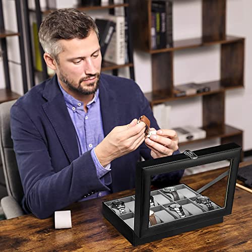 Watch Box with 12 Slots, Watch Case with Glass Lid, Watch Display Box with Removable Watch Pillows, Metal Clasp, Gift Idea, Black Synthetic Leather, Grey Lining