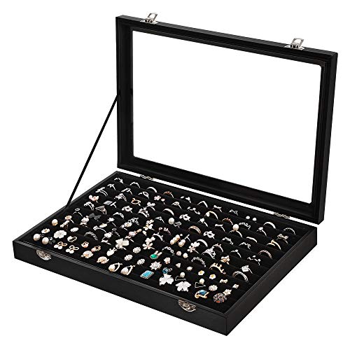 Jewellery Box with Glass Lid, for Rings, Earrings, Cufflinks, Ring Storage Box Holds up to 100 Rings, Display Case, Black