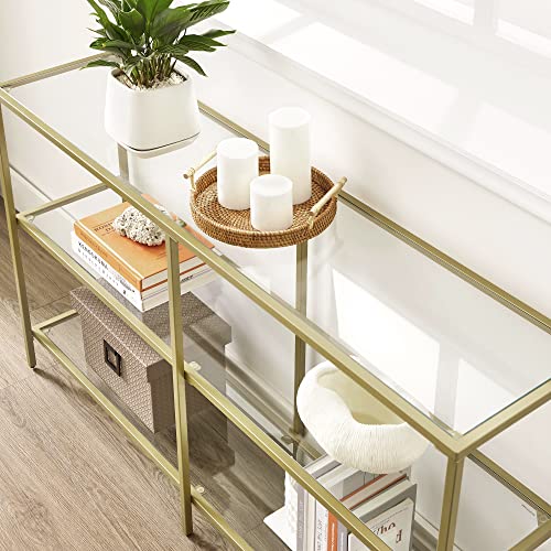 Console Table, Sofa Table with 3 Shelves, Tempered Glass Shelf, 130 x 30 x 73.3 cm, Metal Frame, Modern, for Hallway Living Room Bedroom, Gold Colour