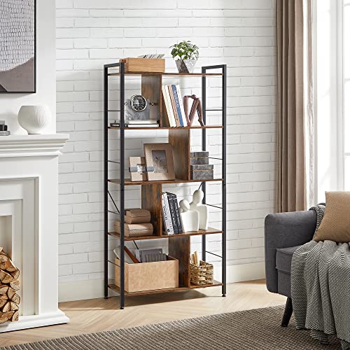 Bookcase, Bookshelf, 5-Tier Living Room Shelving Unit, Industrial Storage Shelf with Open Compartments for Home Office, Bedroom, Industrial Style, Rustic Brown and Black