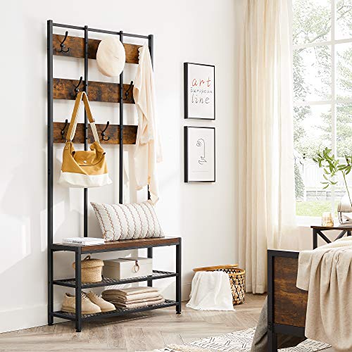 Coat Rack Free Standing, Entryway Organiser, with 8 Dual Hooks and Shoe Bench, 2 Mesh Shelves, for Bedroom, Steel Frame, Industrial, Rustic Brown and Black