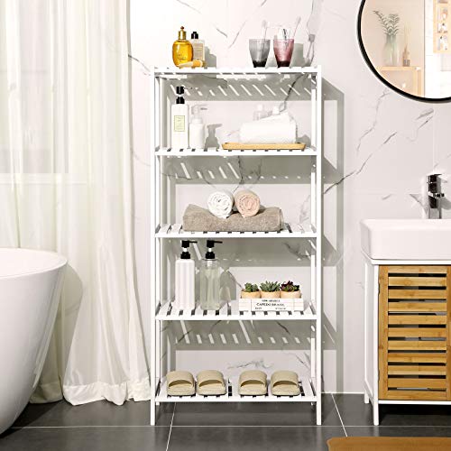 5-Tier Bathroom Storage Shelves, Bamboo Kitchen Shelf with 9 Adjustable Heights, Multifunctional Display Stand in Living Room, Hallway, 60 x 26 x 130 cm, White