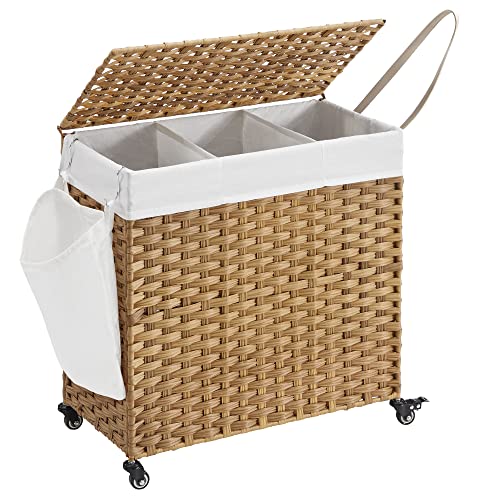 Laundry Basket, Handwoven Laundry Hamper, 140L Rattan-Style Washing Basket with 3 Compartments, Removable Liner, Handles, Lid, Living Room, Bathroom, 66 x 33 x 60 cm, Natural