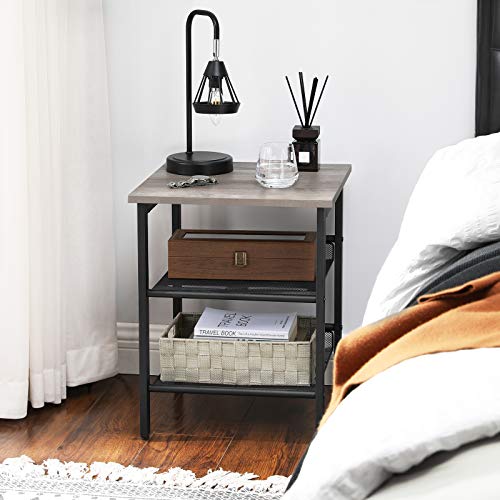 Side Table, Nightstand, End Table with 2 Adjustable Mesh Shelves, Easy Assembly, Industrial for Living Room, Bedroom, Stable Steel Frame, Greige and Black