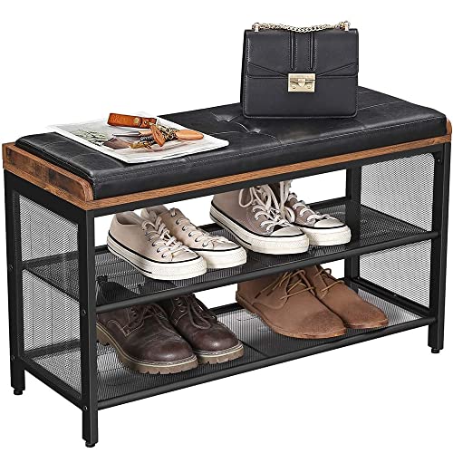 Shoe Bench Padded Bench with Mesh Shelf Shoe Rack 80 x 30 x 48 cm Hallway Bedroom Metal Space Saving Industrial Design Faux Leather Vintage Brown Black