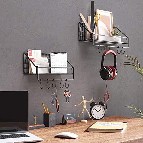 Industrial Metal Wall Shelves, Each Loads up to 15 kg, Pack of 2 Kitchen Shelves with 10 Hooks, for Bedroom Living Room, 30 x 12 x 13 cm, 40 x 12 x 13 cm, Black