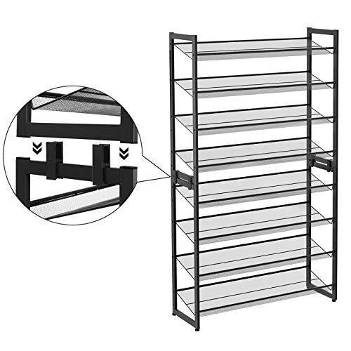 8-Tier Shoe Rack, Set of 2 Stackable 4-Tier Shoe Organiser, Metal Shoe Storage with Adjustable Mesh Shelves, Flat or Angled, Mountable, Black