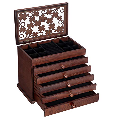 Wooden Jewellery Box with Floral Carving, 6-Tier Jewellery Organiser with 5 Removable Pull-Out Drawers, Gift for Loved Ones, Dark Brown