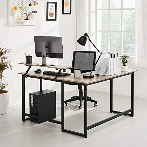 Computer Desk, L-Shaped Writing Workstation, Industrial Corner Desk With Monitor Stand, for Home Office Study Writing and Gaming, Space Saving, Easy Assembly, Greige and Black