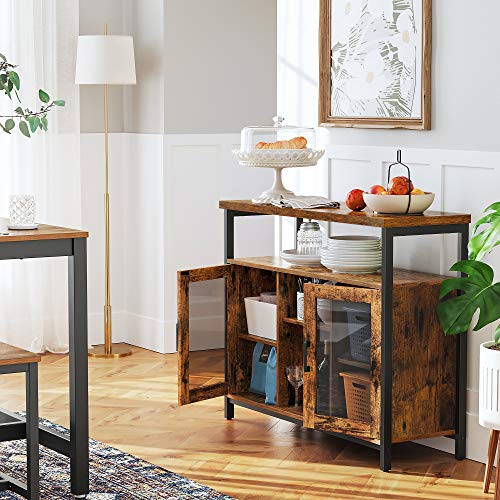 Sideboard, Buffet Table with 2 Transparent Glass Doors, TV Cabinet, with Adjustable Shelves, for Dining Room, 100 x 35 x 80 cm, Industrial Style, Rustic Brown and Black