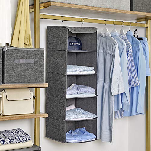 Hanging Storage Shelves, Wardrobe Clothes Organiser, Space Saving and Foldable, Metal Hooks and Bamboo Inserts, Linen Pattern, Grey