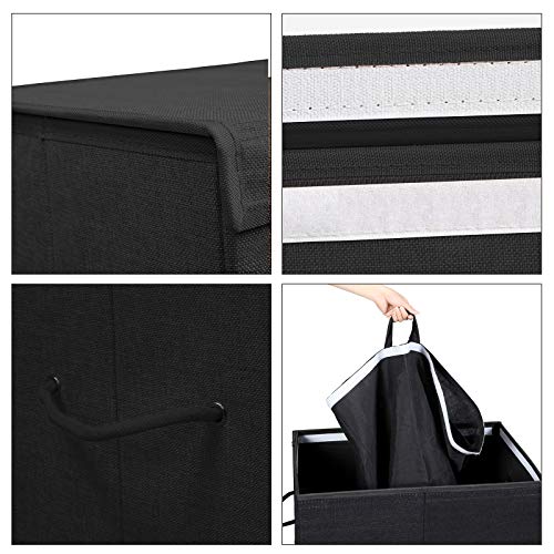 142L Laundry Hamper, Linenette Fabric Laundry Basket, Divided Clothes Hamper with Magnetic Lid and Handles, Foldable, Removable Liner Bag, Black