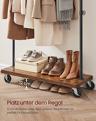 Clothes Rail for Bedroom, Heavy-Duty Clothes Rack, Industrial Pipe Rolling Garment Rack with Shelf, Top Rail Max. Load 90 kg, Laundry Room, Retail Store, Rustic Brown and Black