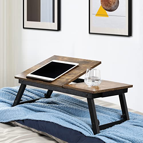 Laptop Desk for Bed or Sofa with Adjustable Tilting Top, Breakfast Serving Tray with Height Adjustable Folding Legs, Fits Screen Size up to 15.6 Inches, Floor Desk, Rustic Brown