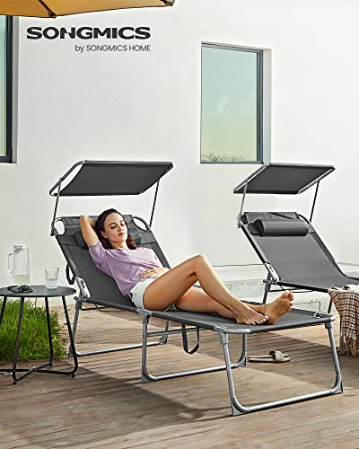 Lounger, Sunbed, Large Reclining Sun Chair, 71 x 200 x 38 cm, Load Capacity 150 kg, with Headrest, Reclining Backrest, Sunshade, Foldable, for Garden, Smoky Grey