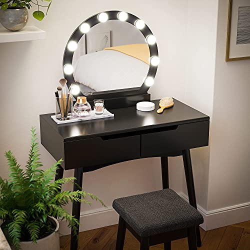 Dressing Table Set with Mirror and Light Bulbs for Makeup, Vanity Table with 2 Large Sliding Drawers and Cushioned Stool, Black