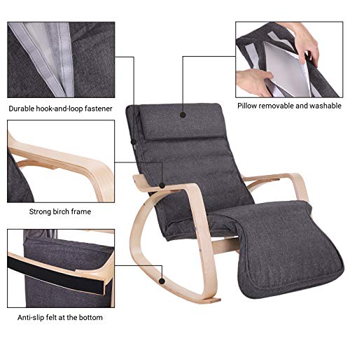 Rocking Chair with 5-Way Adjustable Footrest, Lounger, Maximum Load 150 kg, Birch Wood Frame, Faux Linen, Dark Grey