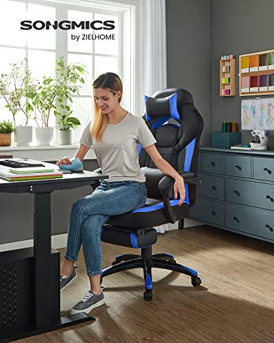 Gaming Chair, Office Racing Chair with Footrest, Ergonomic Design, Adjustable Headrest, Lumbar Support, 150 kg Weight Capacity, Black and Blue