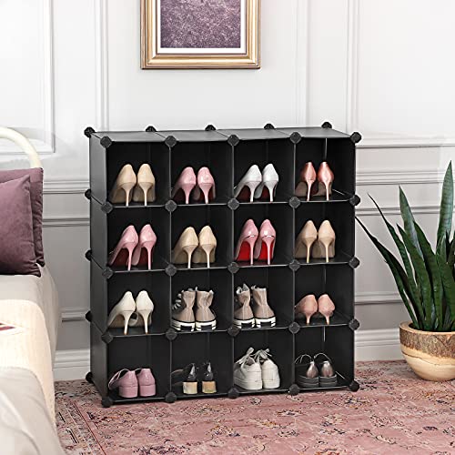 Interlocking Shoe Rack, Rectangular Storage Organiser, 15-Slot Modular DIY Storage Shelf Unit, Metal Wire Wardrobe, Black