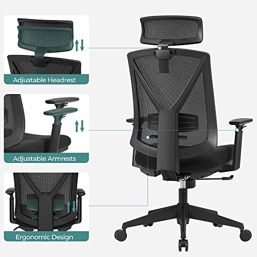 Ergonomic Office Chair with Footrest, Desk Chair with Lumbar Support, Adjustable Headrest and Armrest, Height Adjustment and Rocker Function, Maximum Load 150 kg, Black