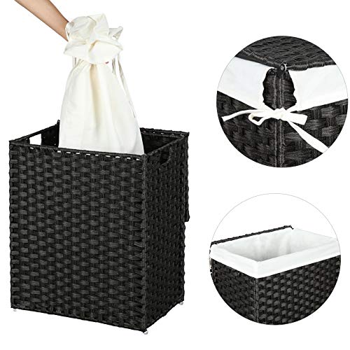 Handwoven Laundry Basket, 90L Synthetic Rattan Clothes Hamper with Lid and Handles, Foldable, Removable Liner Bag, Black