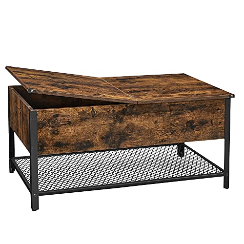 Coffee Table, Living Room Table with Flip Lid, Hidden Storage Compartment and Mesh Shelf, Steel Frame, for Living Room, Industrial, 100 x 55 x 47 cm, Rustic Brown and Black