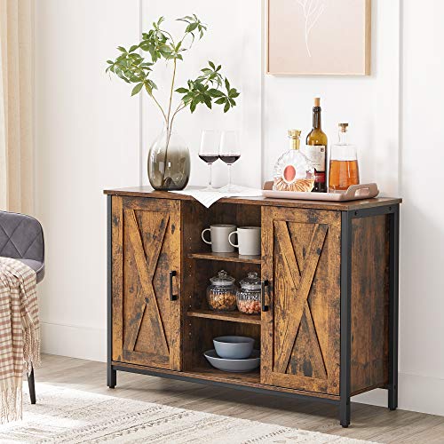 Buffet Table, Sideboard, Storage Cabinet with Cupboard and Shelves, Barn Doors, for Dining Room, Kitchen, Living Room, Hallway, Industrial, Rustic Brown and Black