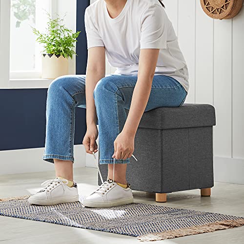 Collapsible Cube Ottoman Storage and Foot Stool with Wooden Feet and Lid Dark Grey