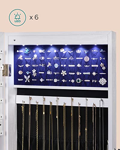 Frameless Mirrored Jewellery Cabinet Armoire, 6 LEDs Jewellery Organiser Wall Hanging or Door Mounted, Large Capacity with 2 Drawers, White